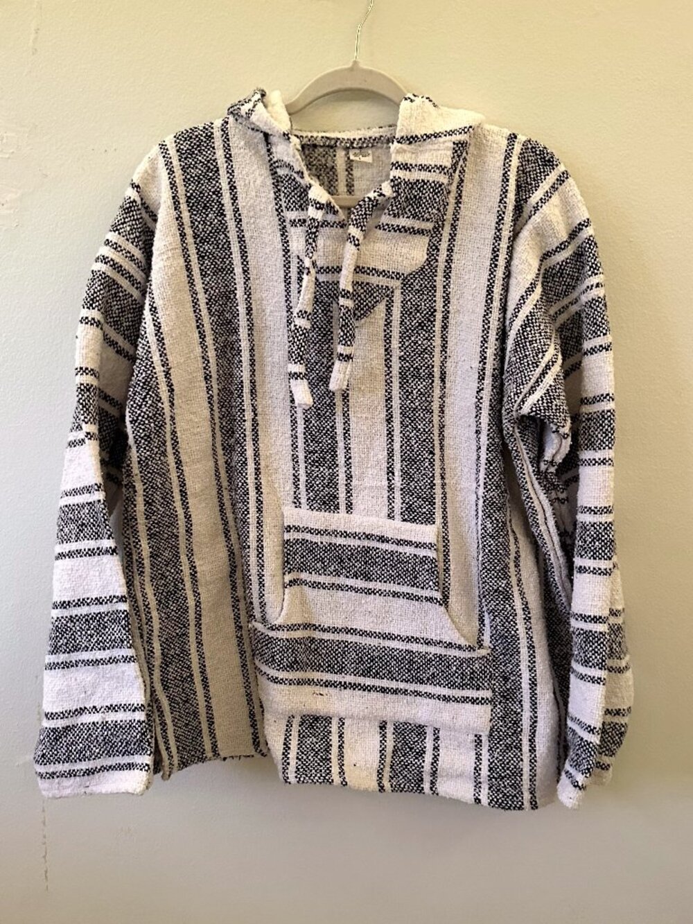 Mexican Black & White Striped Baja Hoodie Poncho - Size Large